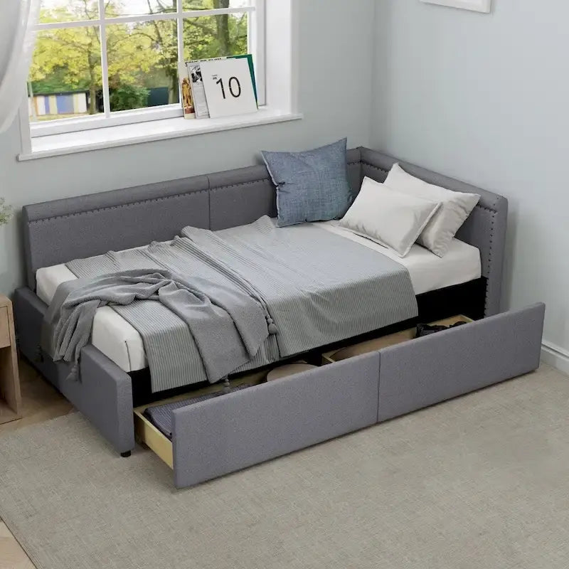 Eenpersoons L-vormig hoekdaybed met twee opberglades