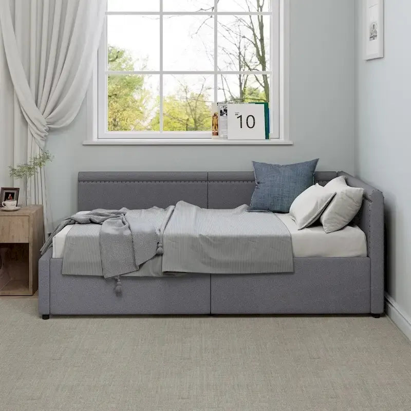Eenpersoons L-vormig hoekdaybed met twee opberglades