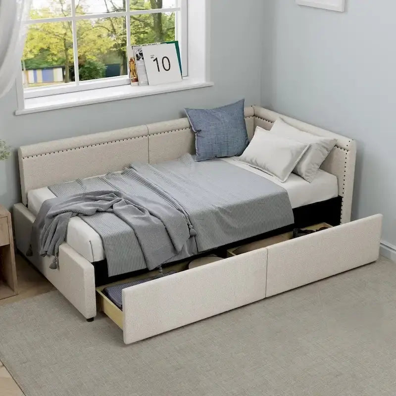 Eenpersoons L-vormig hoekdaybed met twee opberglades