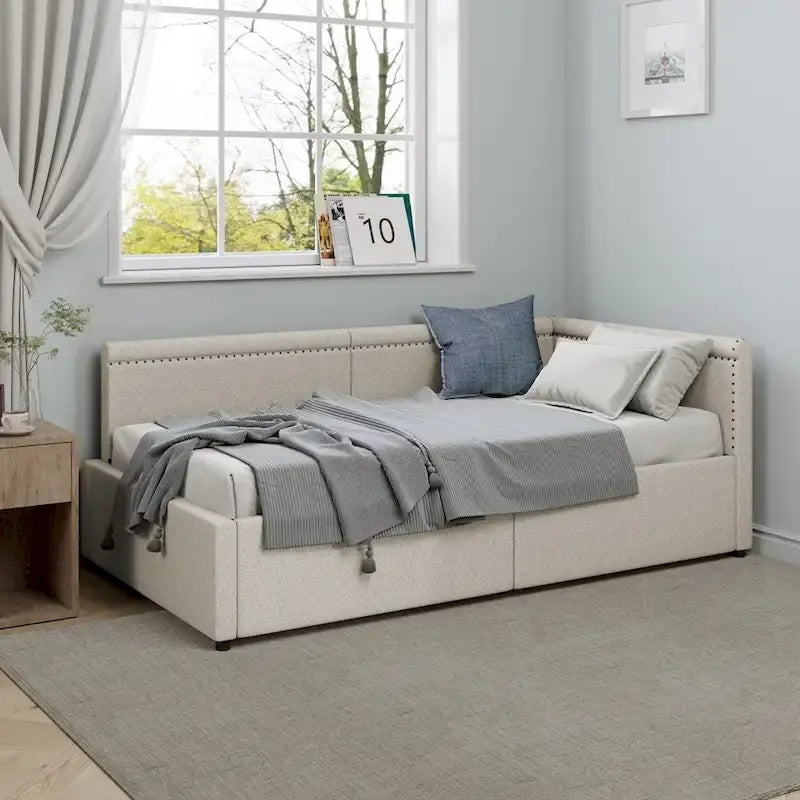 Eenpersoons L-vormig hoekdaybed met twee opberglades
