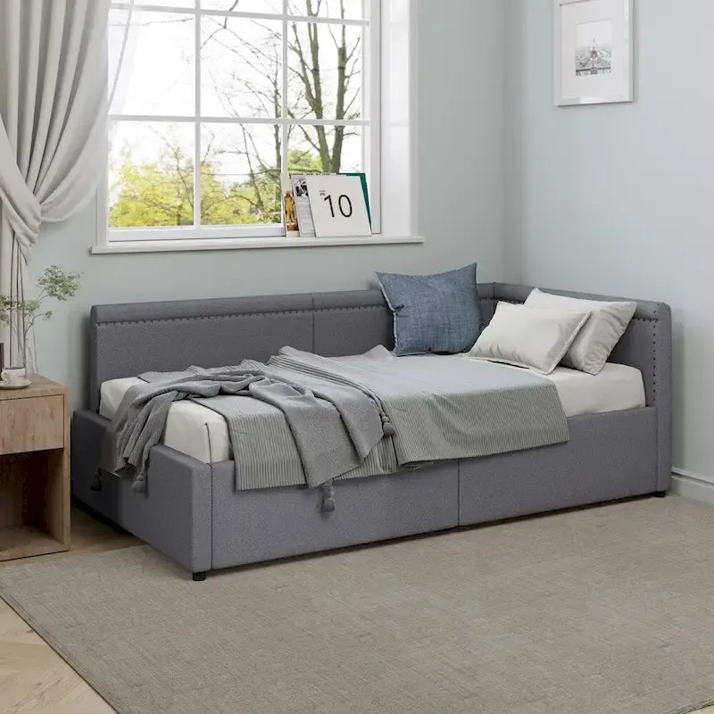 Eenpersoons L-vormig hoekdaybed met twee opberglades