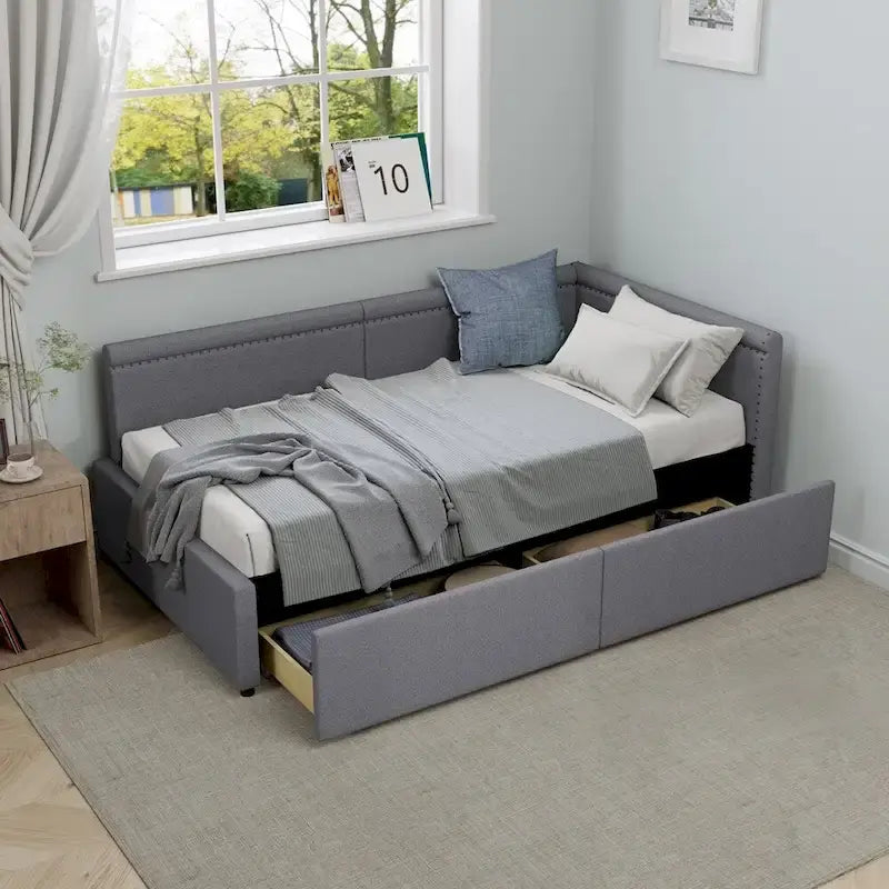 Eenpersoons L-vormig hoekdaybed met twee opberglades