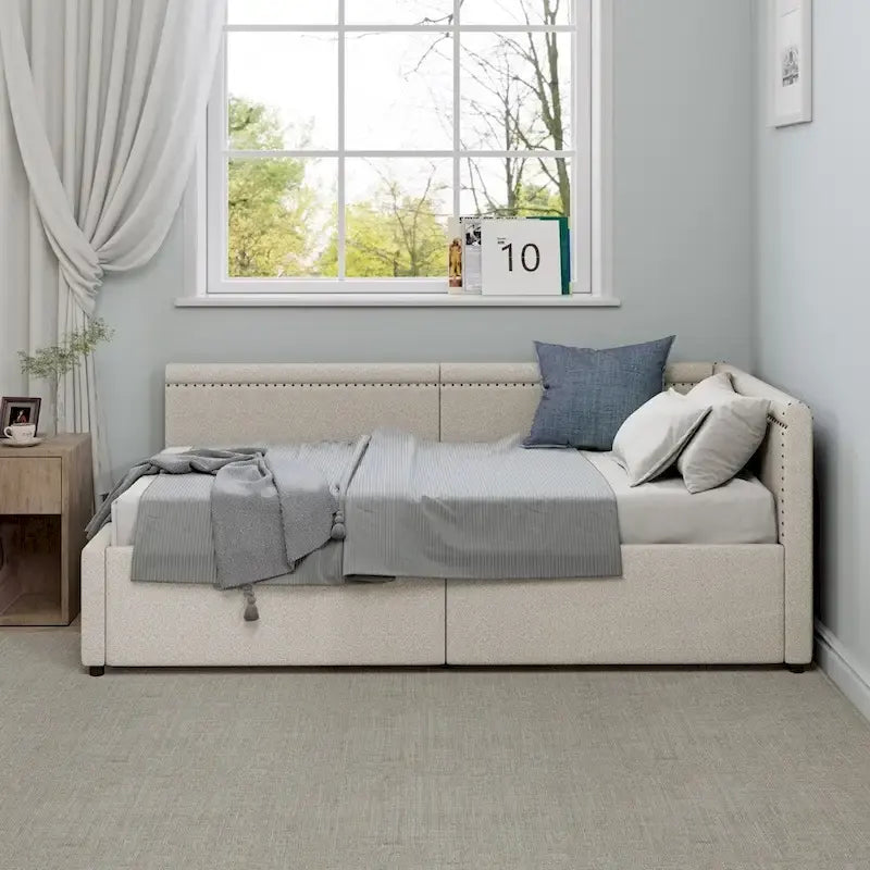 Eenpersoons L-vormig hoekdaybed met twee opberglades