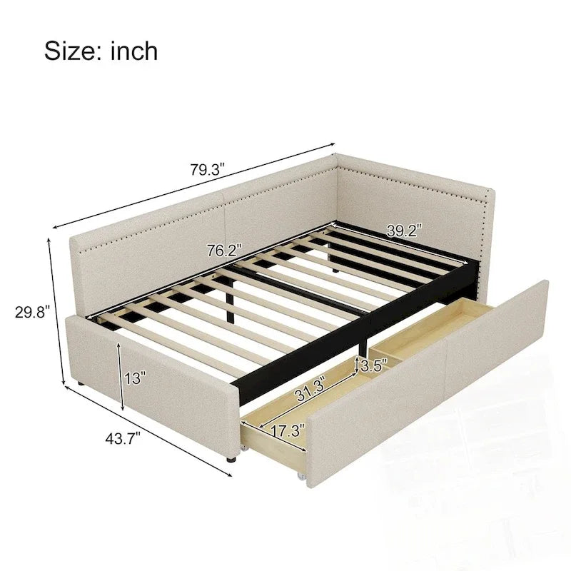 Eenpersoons L-vormig hoekdaybed met twee opberglades
