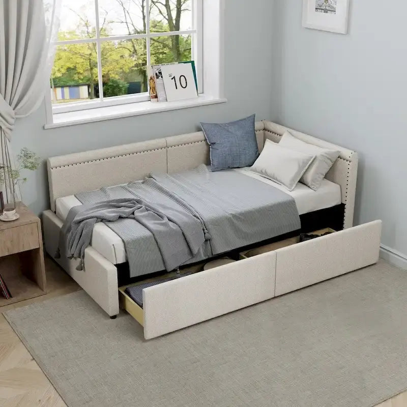 Eenpersoons L-vormig hoekdaybed met twee opberglades