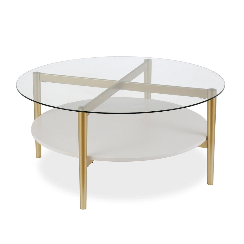 Ronde glazen salontafel met stalen onderstel en onderste plank, diameter 36 inch
