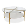 Ronde glazen salontafel met stalen onderstel en onderste plank, diameter 36 inch