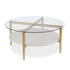 Ronde glazen salontafel met stalen onderstel en onderste plank, diameter 36 inch