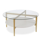 Ronde glazen salontafel met stalen onderstel en onderste plank, diameter 36 inch