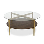 Ronde glazen salontafel met stalen onderstel en onderste plank, diameter 36 inch