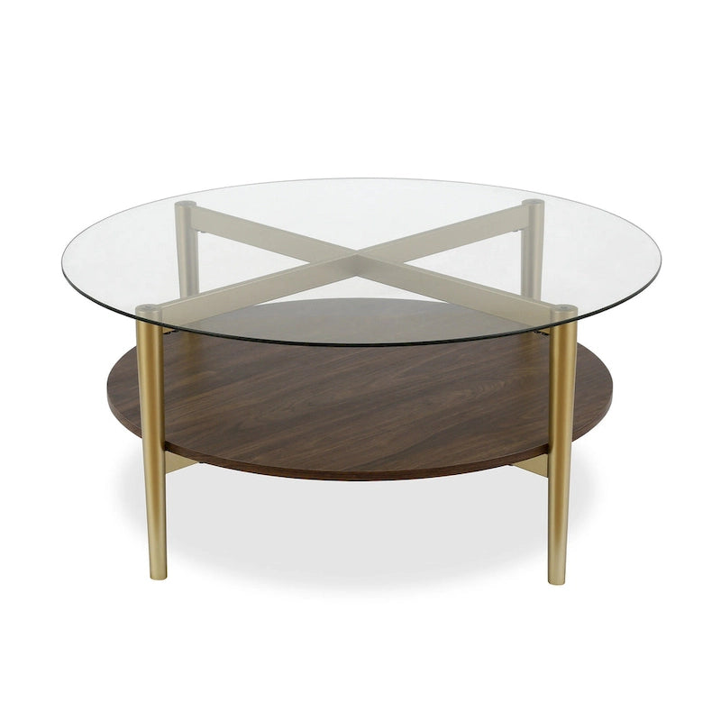 Ronde glazen salontafel met stalen onderstel en onderste plank, diameter 36 inch