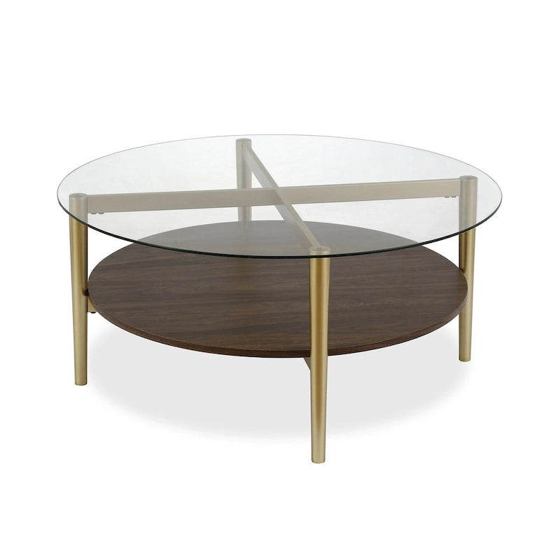 Ronde glazen salontafel met stalen onderstel en onderste plank, diameter 36 inch
