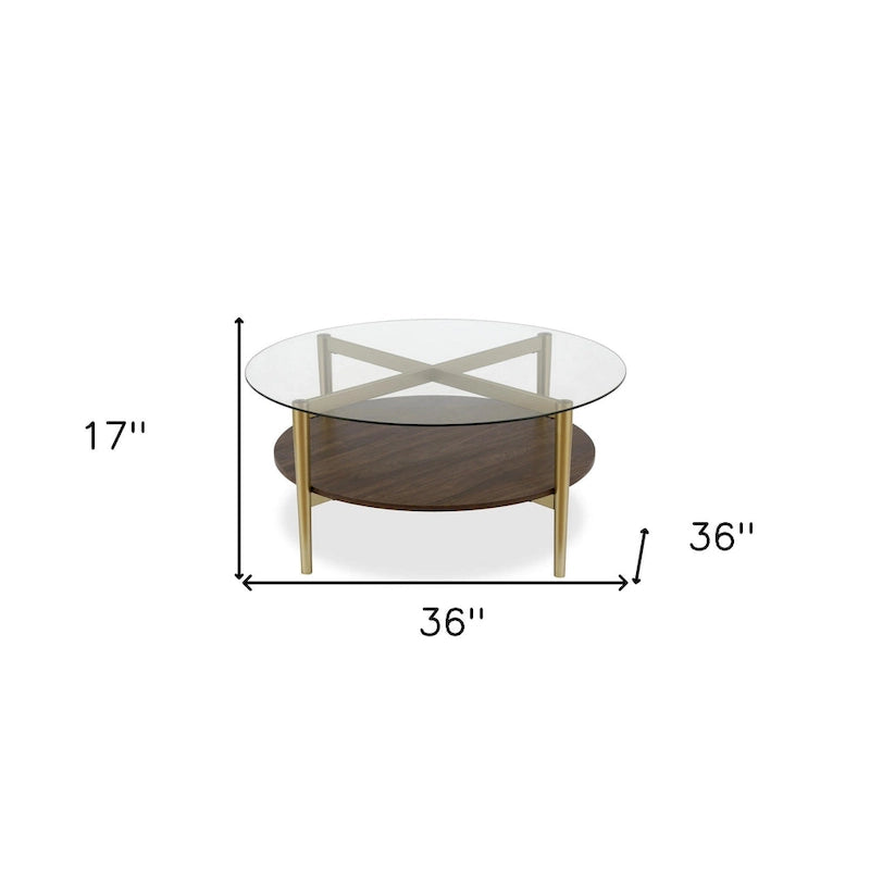 Ronde glazen salontafel met stalen onderstel en onderste plank, diameter 36 inch
