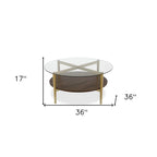 Ronde glazen salontafel met stalen onderstel en onderste plank, diameter 36 inch