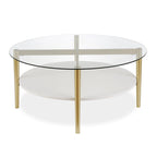 Ronde glazen salontafel met stalen onderstel en onderste plank, diameter 36 inch