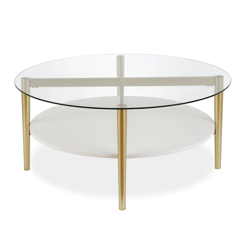 Ronde glazen salontafel met stalen onderstel en onderste plank, diameter 36 inch