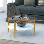 Ronde glazen salontafel met stalen onderstel en onderste plank, diameter 36 inch