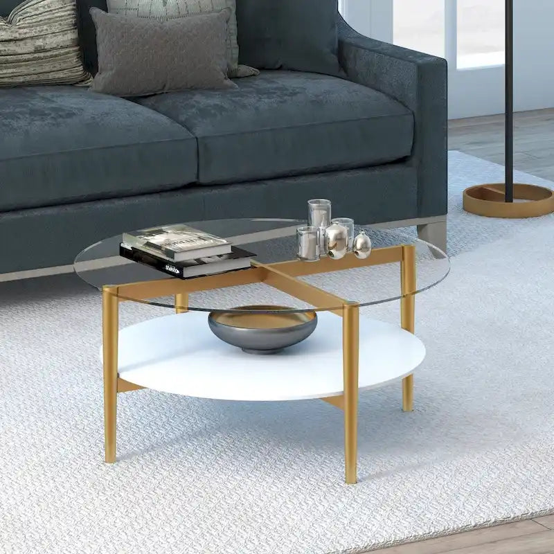 Ronde glazen salontafel met stalen onderstel en onderste plank, diameter 36 inch