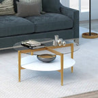 Ronde glazen salontafel met stalen onderstel en onderste plank, diameter 36 inch
