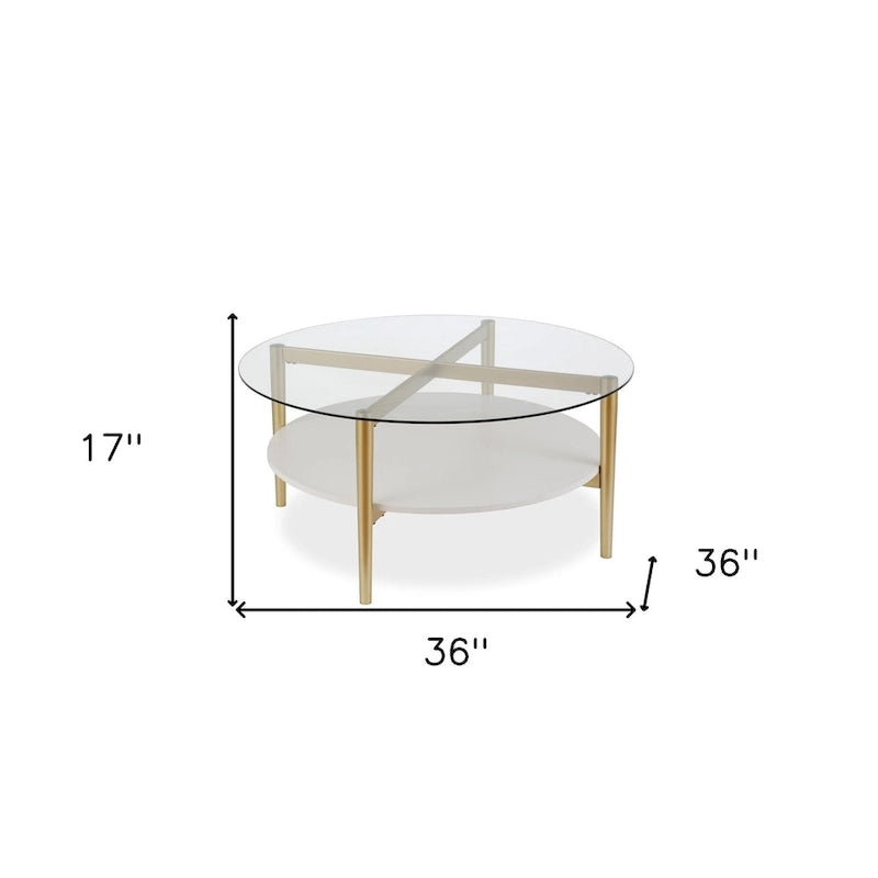 Ronde glazen salontafel met stalen onderstel en onderste plank, diameter 36 inch