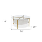 Ronde glazen salontafel met stalen onderstel en onderste plank, diameter 36 inch