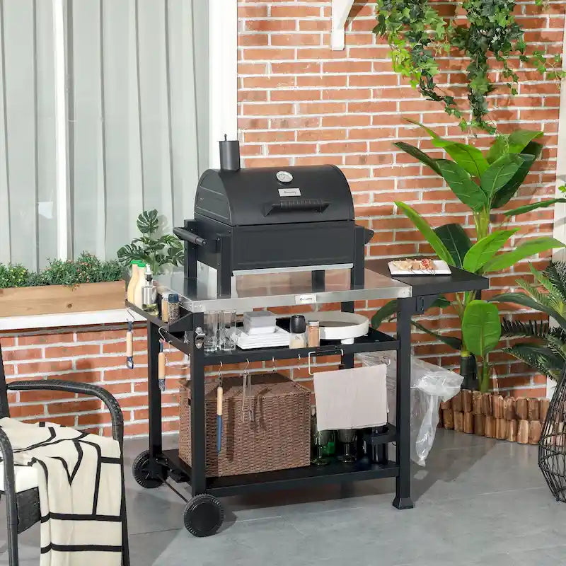 Buitenbarbecuekar met opvouwbare zijtafel en drie schappen