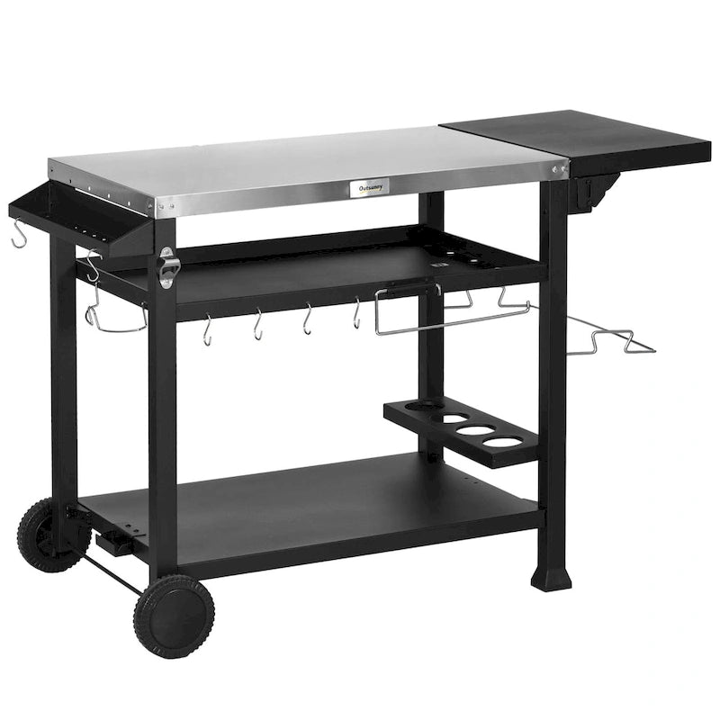 Buitenbarbecuekar met opvouwbare zijtafel en drie schappen