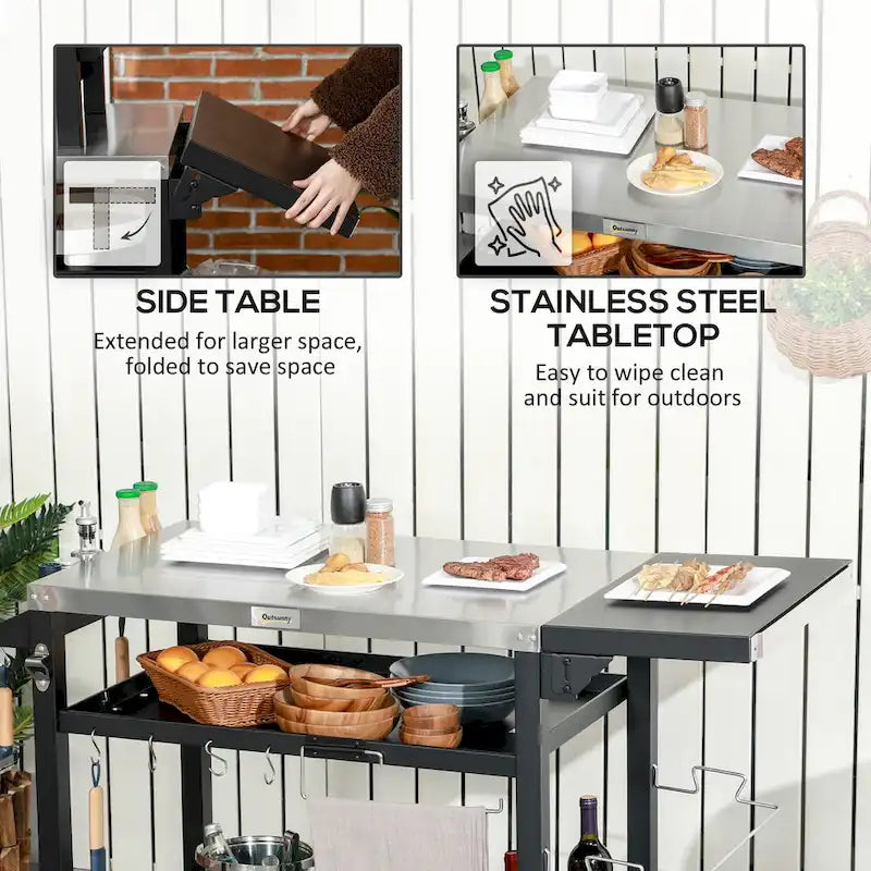 Buitenbarbecuekar met opvouwbare zijtafel en drie schappen