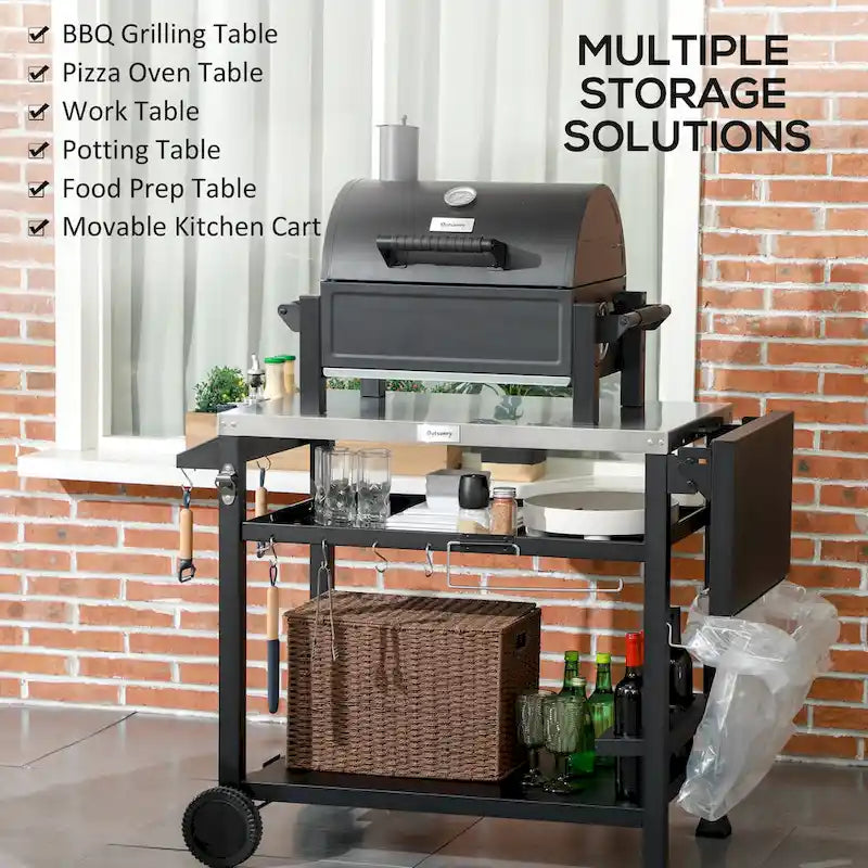 Buitenbarbecuekar met opvouwbare zijtafel en drie schappen