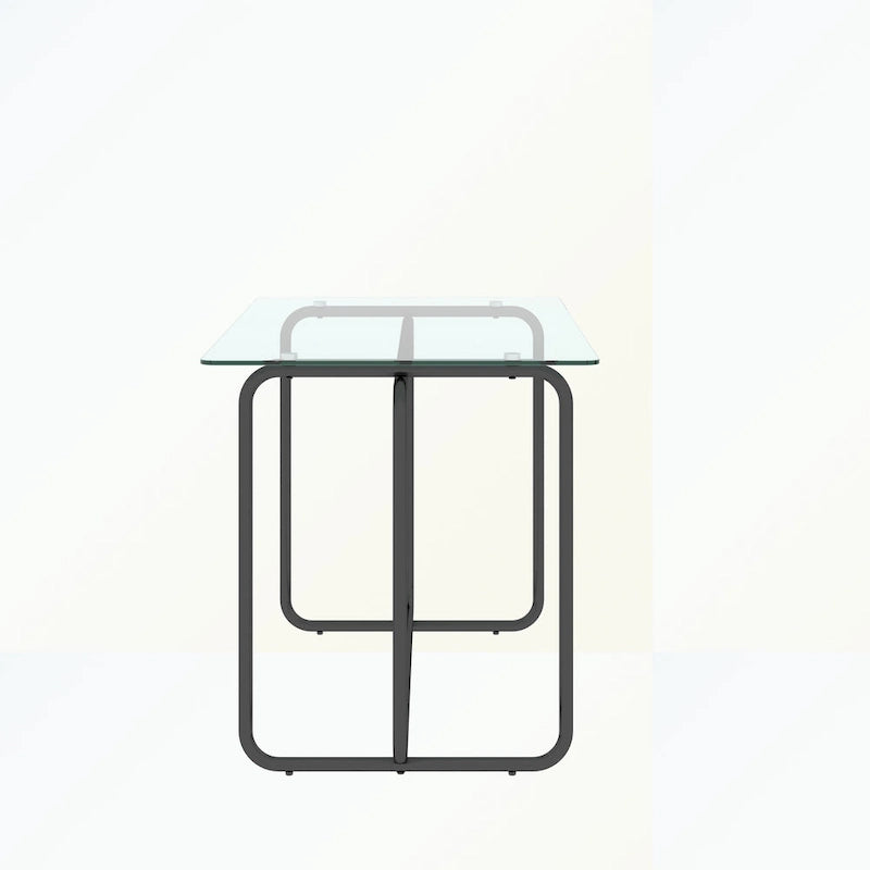 Rechthoekige eettafel met metalen frame en gehard glazen blad