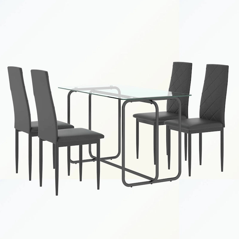 Rechthoekige eettafel met metalen frame en gehard glazen blad