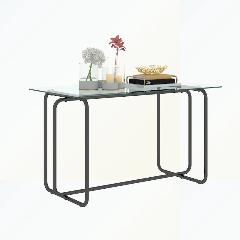 Rechthoekige eettafel met metalen frame en gehard glazen blad