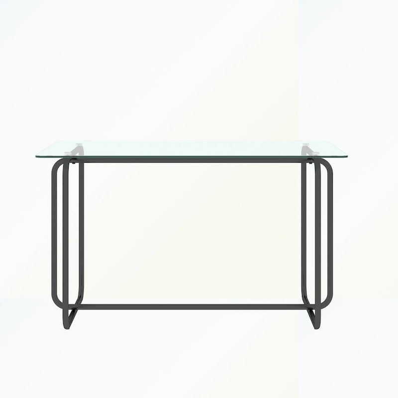 Rechthoekige eettafel met metalen frame en gehard glazen blad