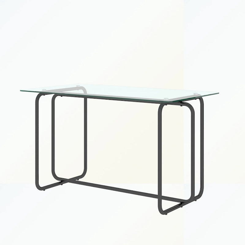 Rechthoekige eettafel met metalen frame en gehard glazen blad