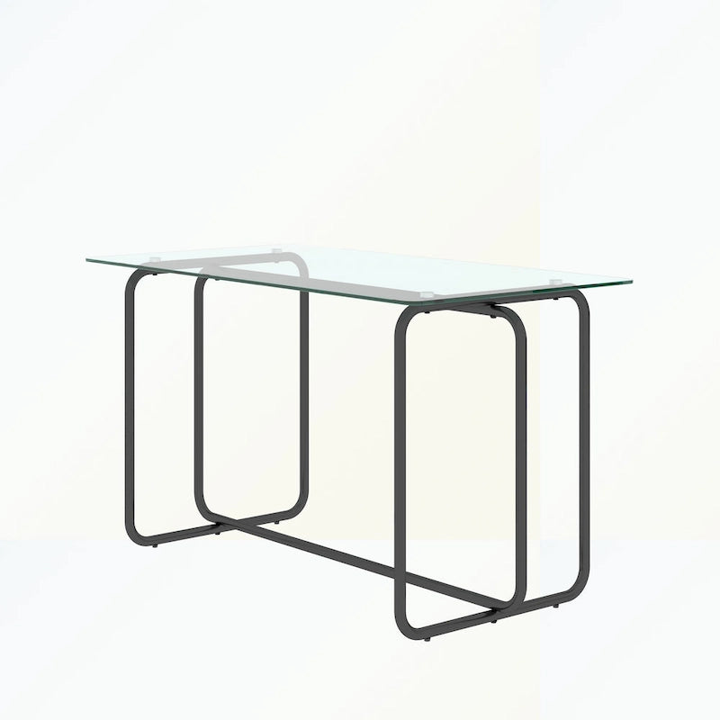 Rechthoekige eettafel met metalen frame en gehard glazen blad