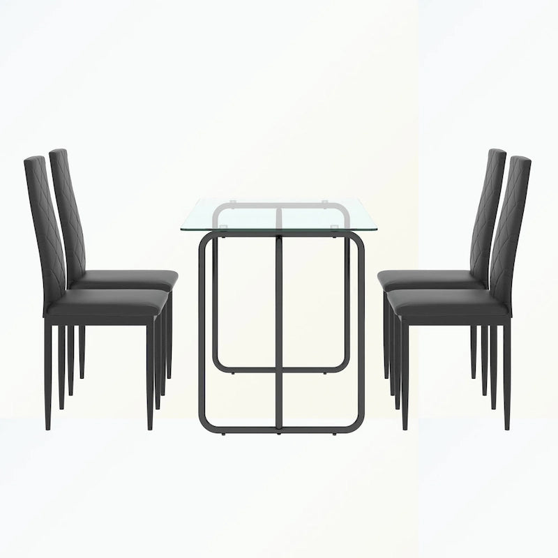 Rechthoekige eettafel met metalen frame en gehard glazen blad