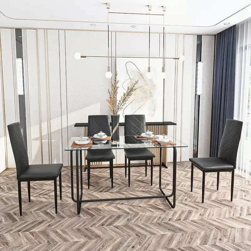 Rechthoekige eettafel met metalen frame en gehard glazen blad