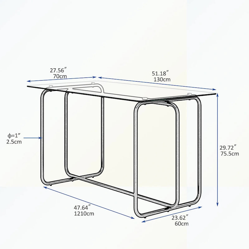 Rechthoekige eettafel met metalen frame en gehard glazen blad