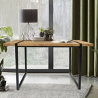 Rechthoekig bureau met houten blad en metalen onderstel