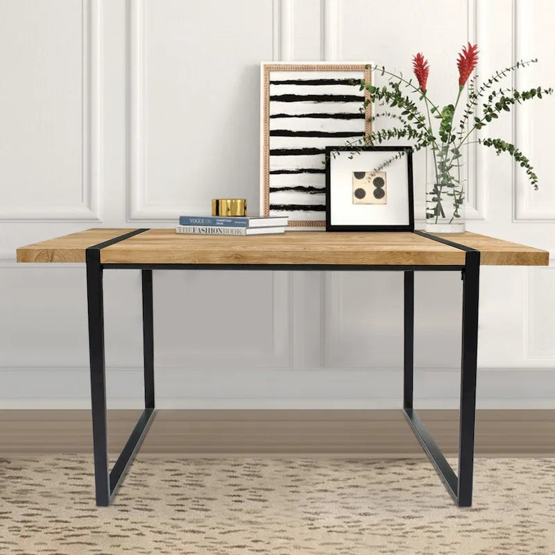 Rechthoekig bureau met houten blad en metalen onderstel