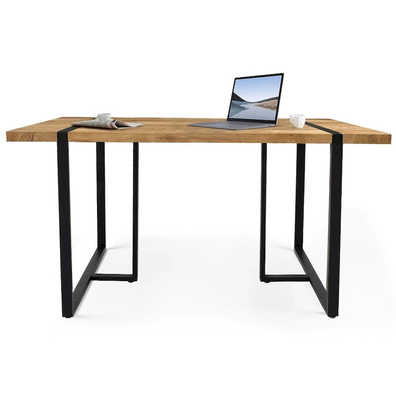 Rechthoekig bureau met houten blad en metalen onderstel