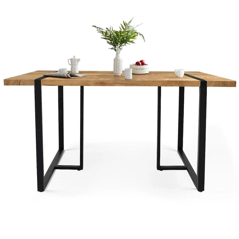 Rechthoekig bureau met houten blad en metalen onderstel