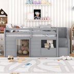 Tweepersoons laag stapelbed met trap, lade en plank – Grijs