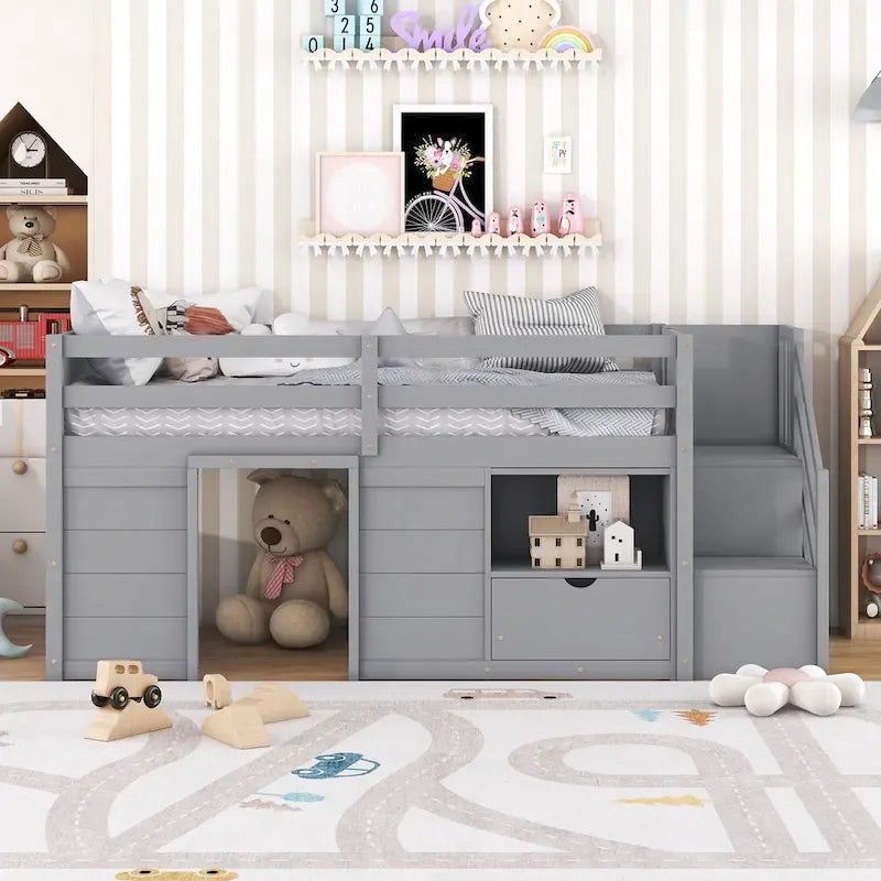 Tweepersoons laag stapelbed met trap, lade en plank – Grijs