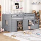 Tweepersoons laag stapelbed met trap, lade en plank – Grijs
