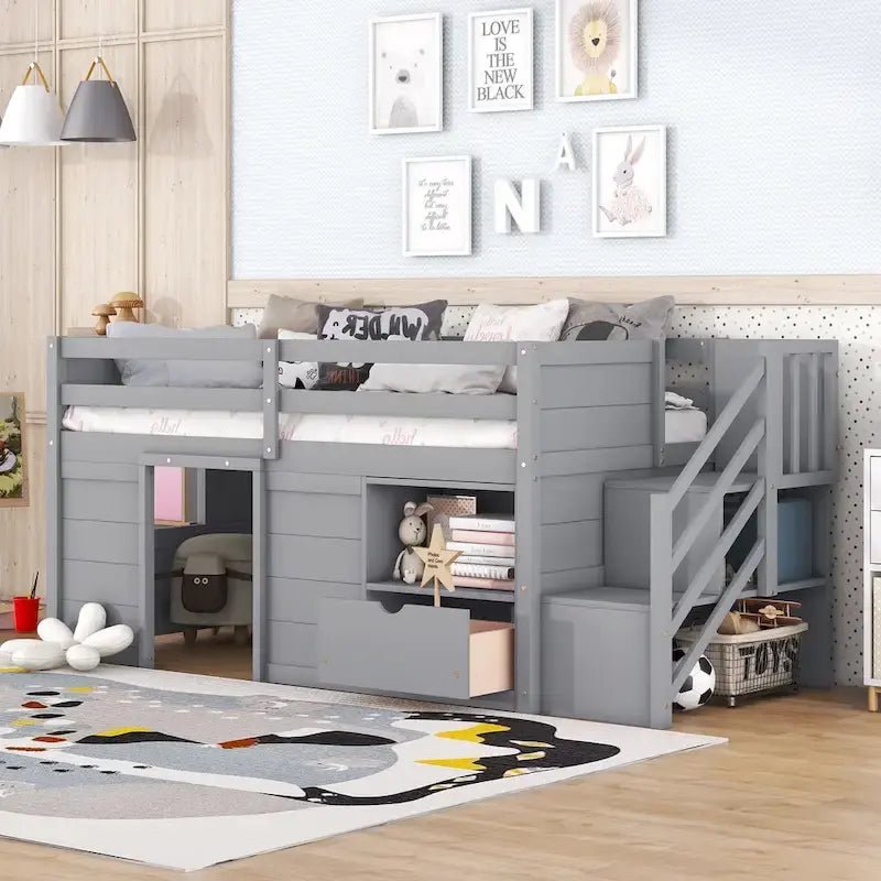 Tweepersoons laag stapelbed met trap, lade en plank – Grijs