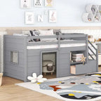 Tweepersoons laag stapelbed met trap, lade en plank – Grijs