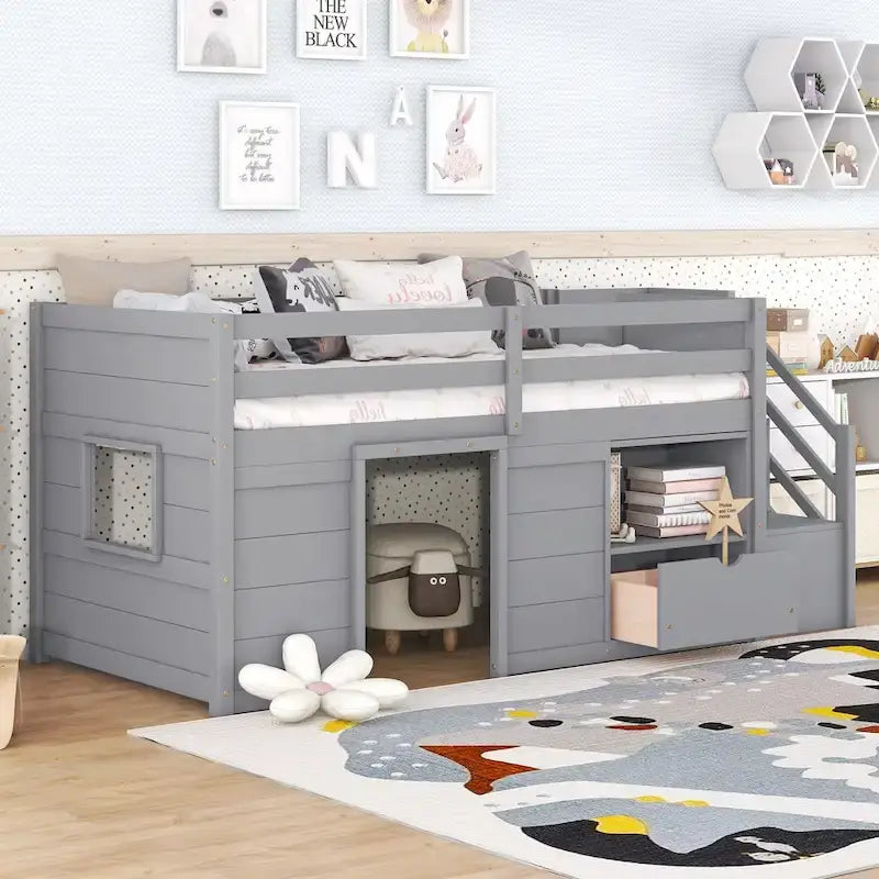 Tweepersoons laag stapelbed met trap, lade en plank – Grijs