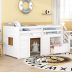 Tweepersoons laag stapelbed met trap, lade en plank – Grijs