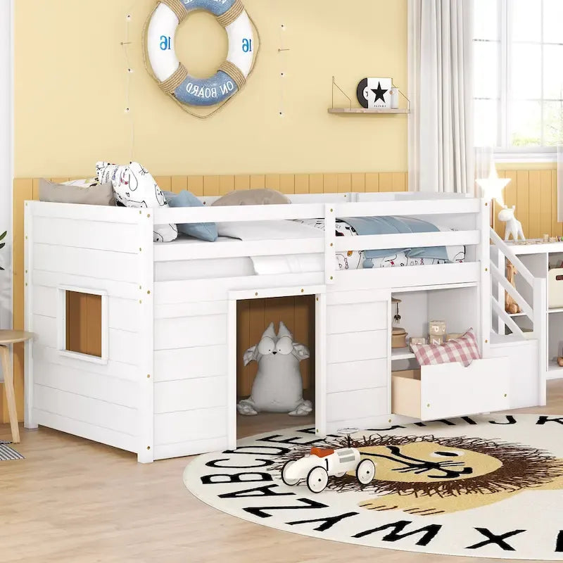 Tweepersoons laag stapelbed met trap, lade en plank – Grijs